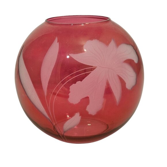 Cranberry Glass Rose Bowl Vase 6" vtg Victorian style etched floral flower globe - Picture 1 of 10